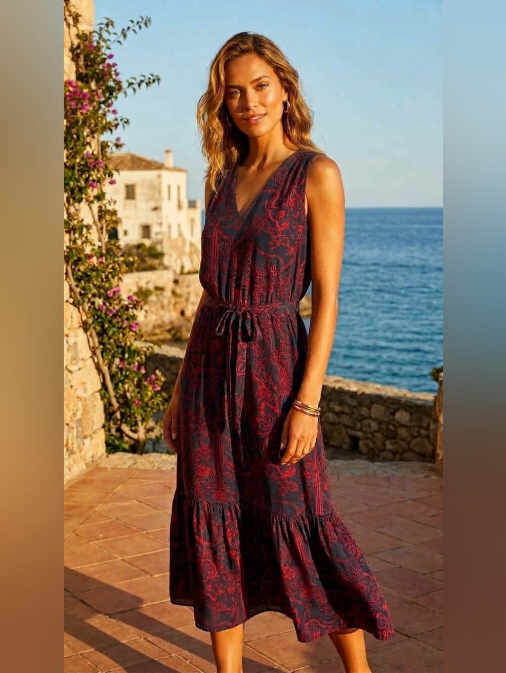 Etcetera Piazza Silk Midi Dress Navy Blue & Red Floral Tiered Women's Sz 10